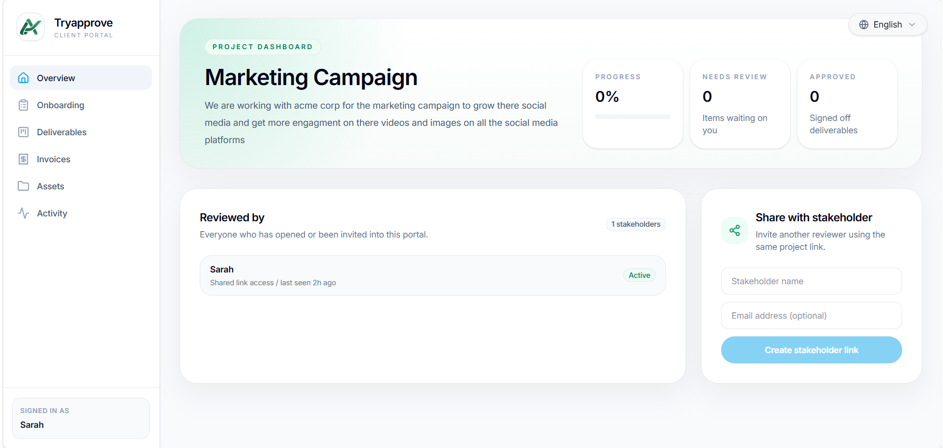 TryApprove client portal showing project hub with onboarding, tasks, and approvals